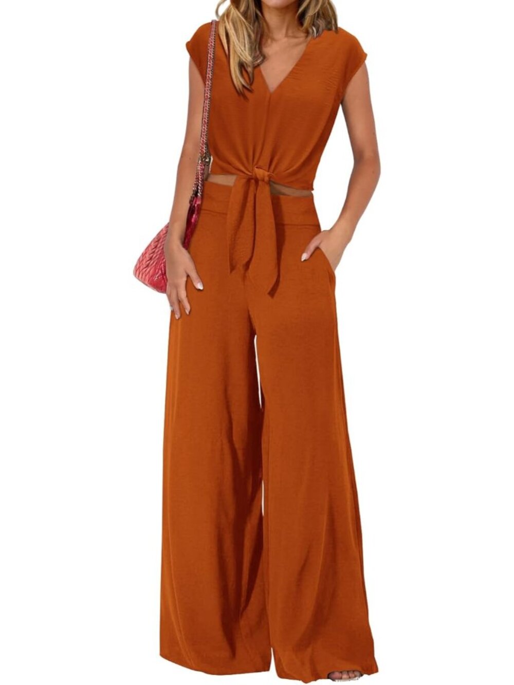 Women's Orange Summer 2 Piece Outfits Cap Sleeve V Neck Belted Crop Tops
